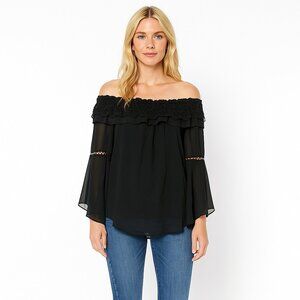 2/$30 White House Black Market Sheer Off-the-Shoulder Ruffle Blouse Large #A0406